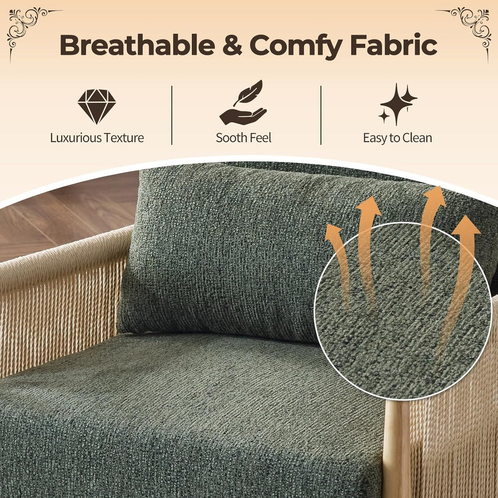 Karl home Cozy Chenille Accent Chair with Lumbar Pillow & Rattan Arms Modern Lounge Chair for Living Room, Bedroom, Reading Nook, Green