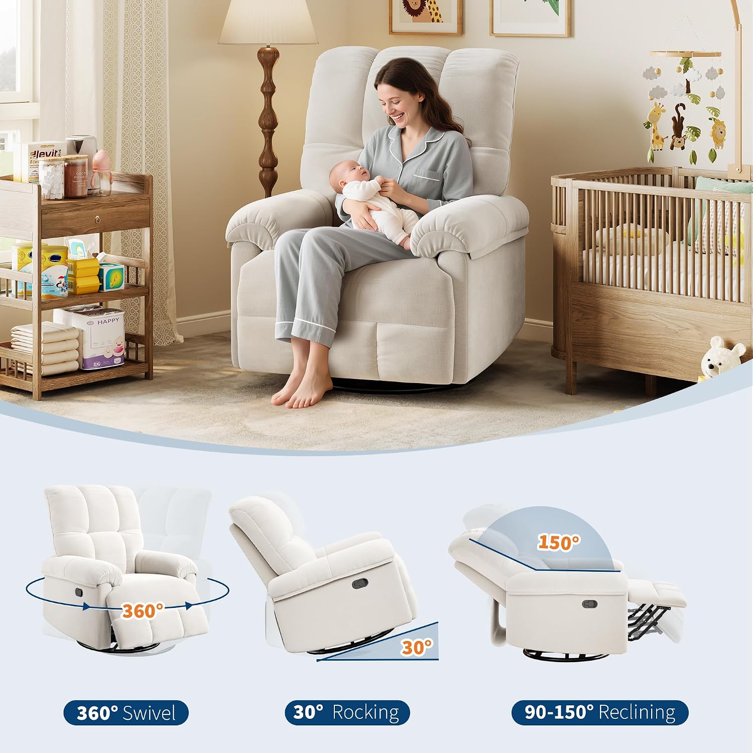 GarveeHome Recliner Chair, 360° Swivel Rocker Glider Nursery Chair with Padded Armrest and Deep Seat, Chenille Upholstered Reclining Sofa Chair for Living Room, Bedroom and Nursery(Cream)