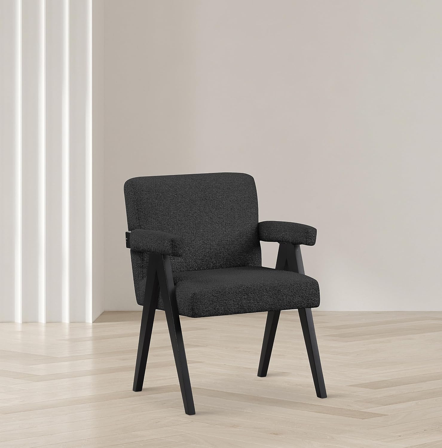 Meridian Furniture 481Black Woodloch Collection Mid-Century Modern Boucle Fabric Upholstered Accent Chair with Rich Black Boucle Fabric, Black Finish Solid Wood, 24.5' W x 23.5' D x 32' H, Black