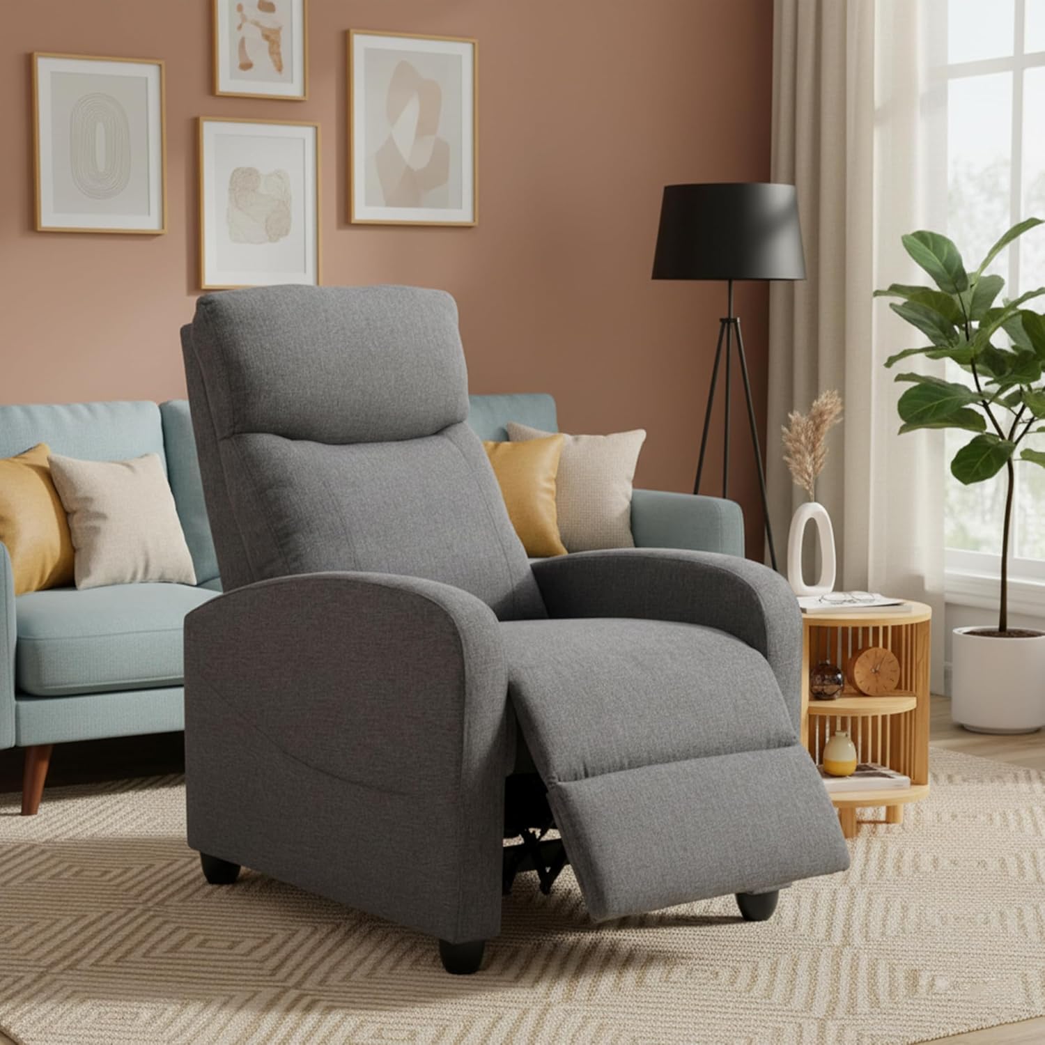 HealSmart Adjustable Push Back Recliner Chair, Soft Fabric Lounge Sofa for Reading & Relaxing, Perfect Home Theater Chair for Living Room & Bedroom, Grey