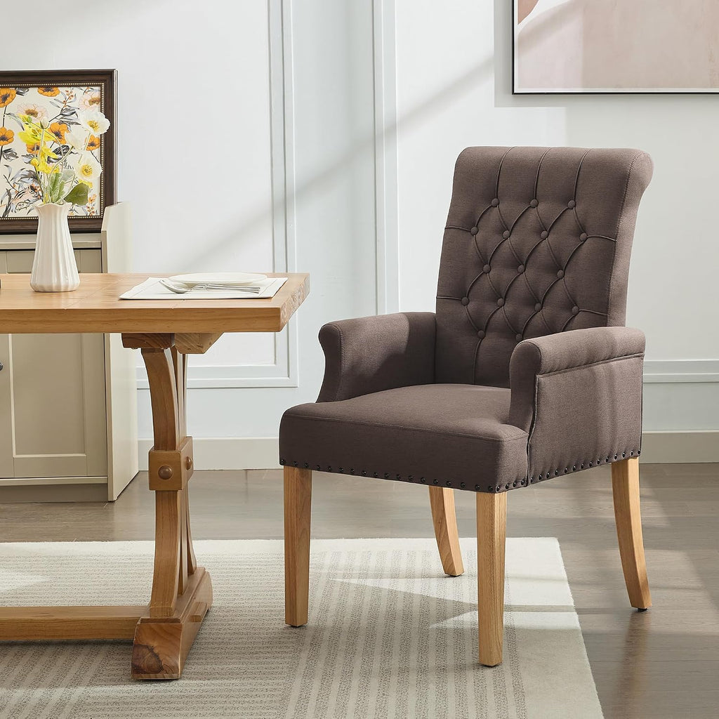 WUTUTUEE Fabric Dining Chair with Arms, Upholstered Tufted High Back Dining Room Chairs, Accent Armchair with Solid Wood Leg and Nailhead Trim, Kitchen Dining Living Room, Brown