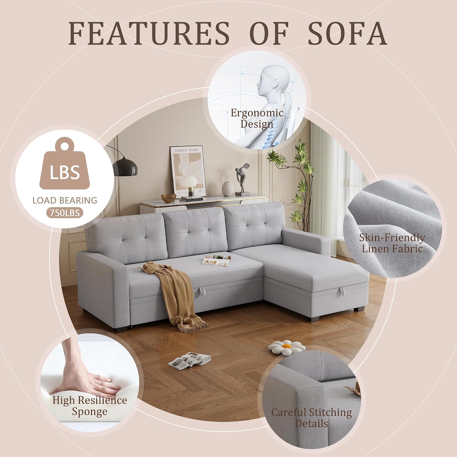 82' L-Shape Convertible Sectional Sleeper Sofa with Storage Chaise and Pull-Out Bed,Modular Small Corner Couch Cama Lounge W/Removable Back Cushions & Armrest,for Home Furniture,Light Gray