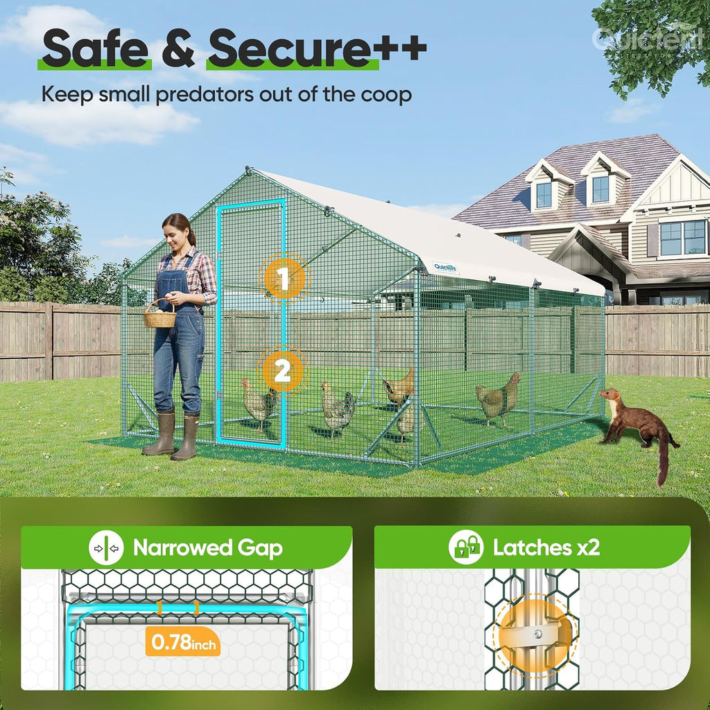 Quictent Large Metal Chicken Coop Run for 20+ Poultry with Side Hardware Cloth & Waterproof Cover, Advanced Series Outdoor Walk-in Cage Hen Duck Rabbit Dog Pen Yard Farm House, 12x9x6.6FT