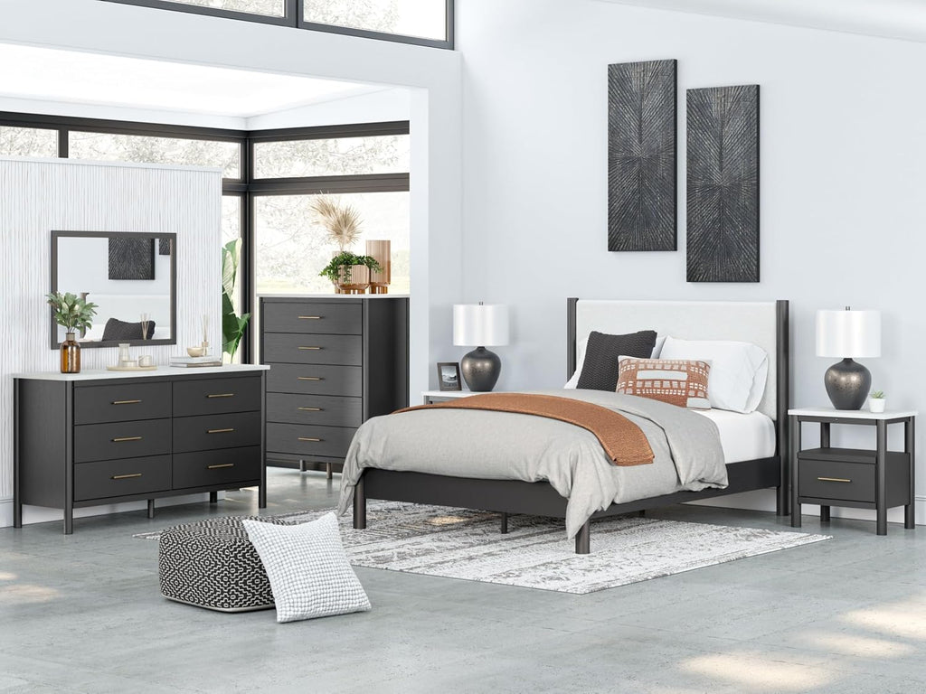 Signature Design by Ashley Cadmori 6 Drawer Dresser, Black Dresser for Bedroom, Matte Black & Replicated White Marble Top, 64' Wide, Engineered Wood Construction, Minor Assembly Required