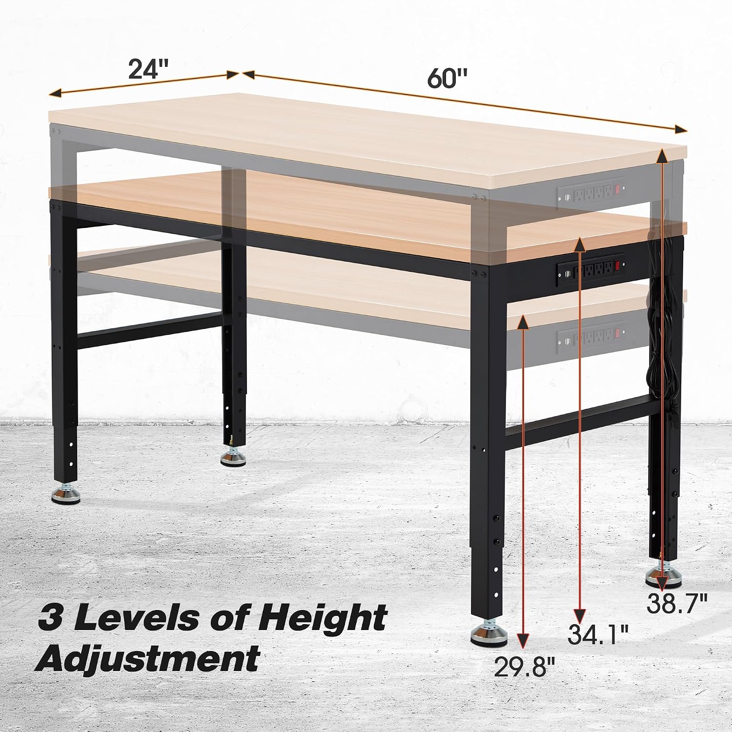 Antifir 60' Adjustable Workbench，Heavy Duty Wood Work Bench 2000 Lbs Load Capacity,Work Table with Power Outlet for Garage, Workshop, Office, Home