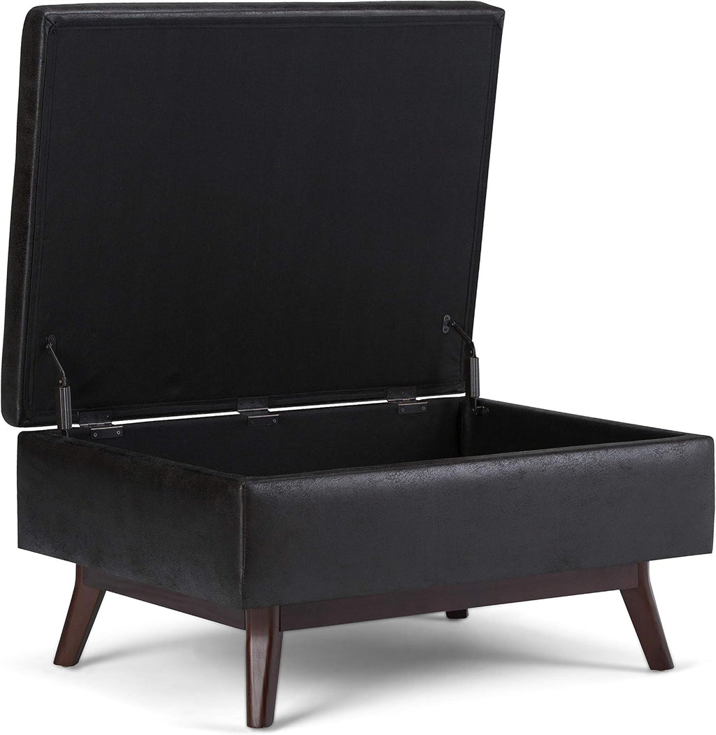 SIMPLIHOME Owen Coffee Table Storage Ottoman - 34' Wide x 19' High Upholstered Vegan Leather Rectangular Lift-Top Ottoman in Distressed Black, Mid-Century Bench for Living Room with Tapered Legs