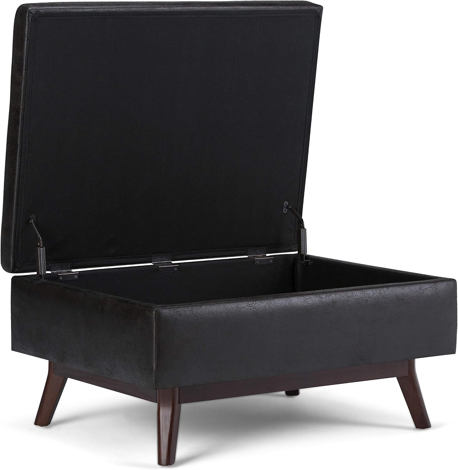 SIMPLIHOME Owen Coffee Table Storage Ottoman - 34' Wide x 19' High Upholstered Vegan Leather Rectangular Lift-Top Ottoman in Distressed Black, Mid-Century Bench for Living Room with Tapered Legs