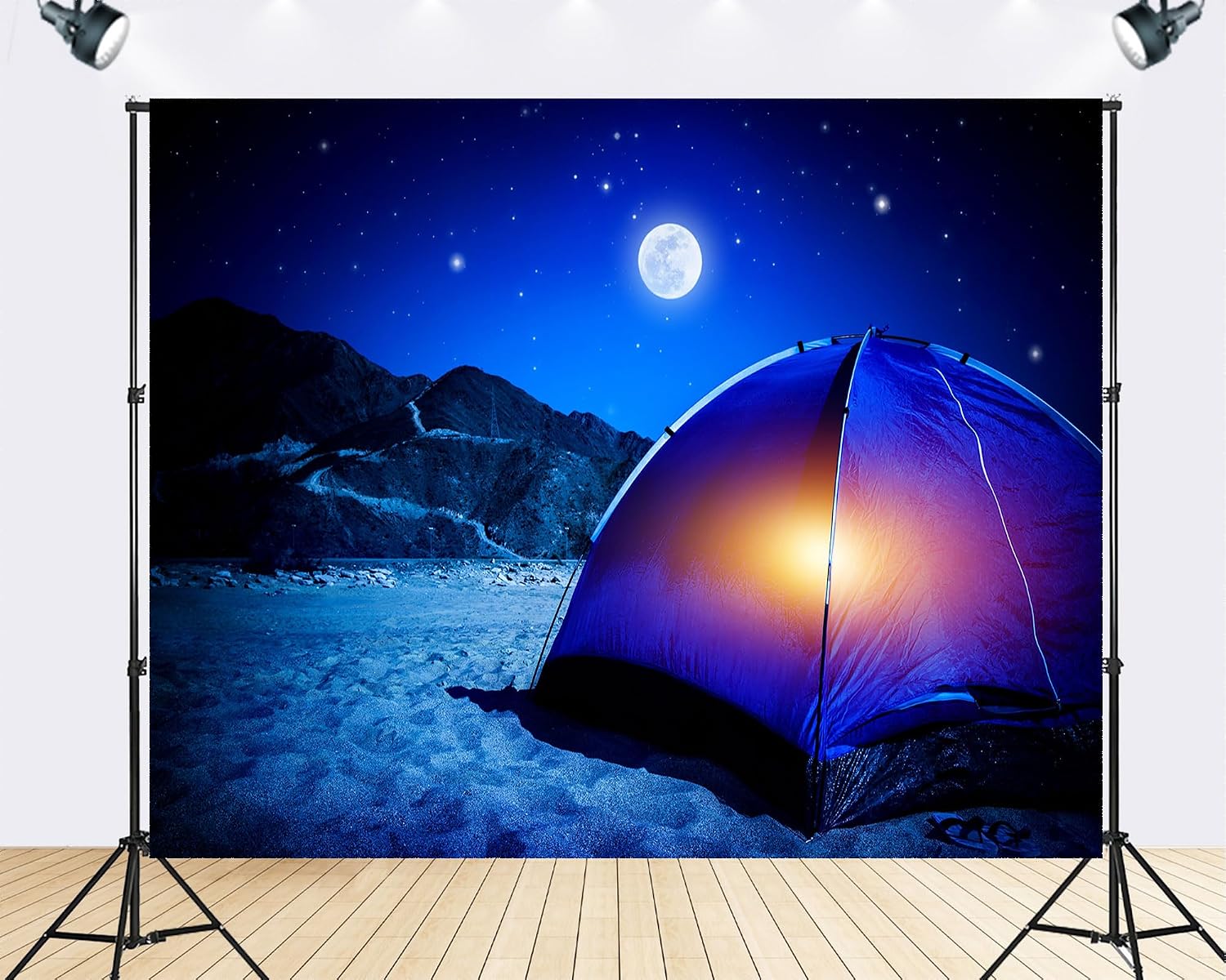 Trykid 20x10ft Blue Tent Moonlit Night Serene Backdrop Camping Adventure Calm Photography Background Peaceful Tapestry Party Decoration Photo Studio Prop Fabric