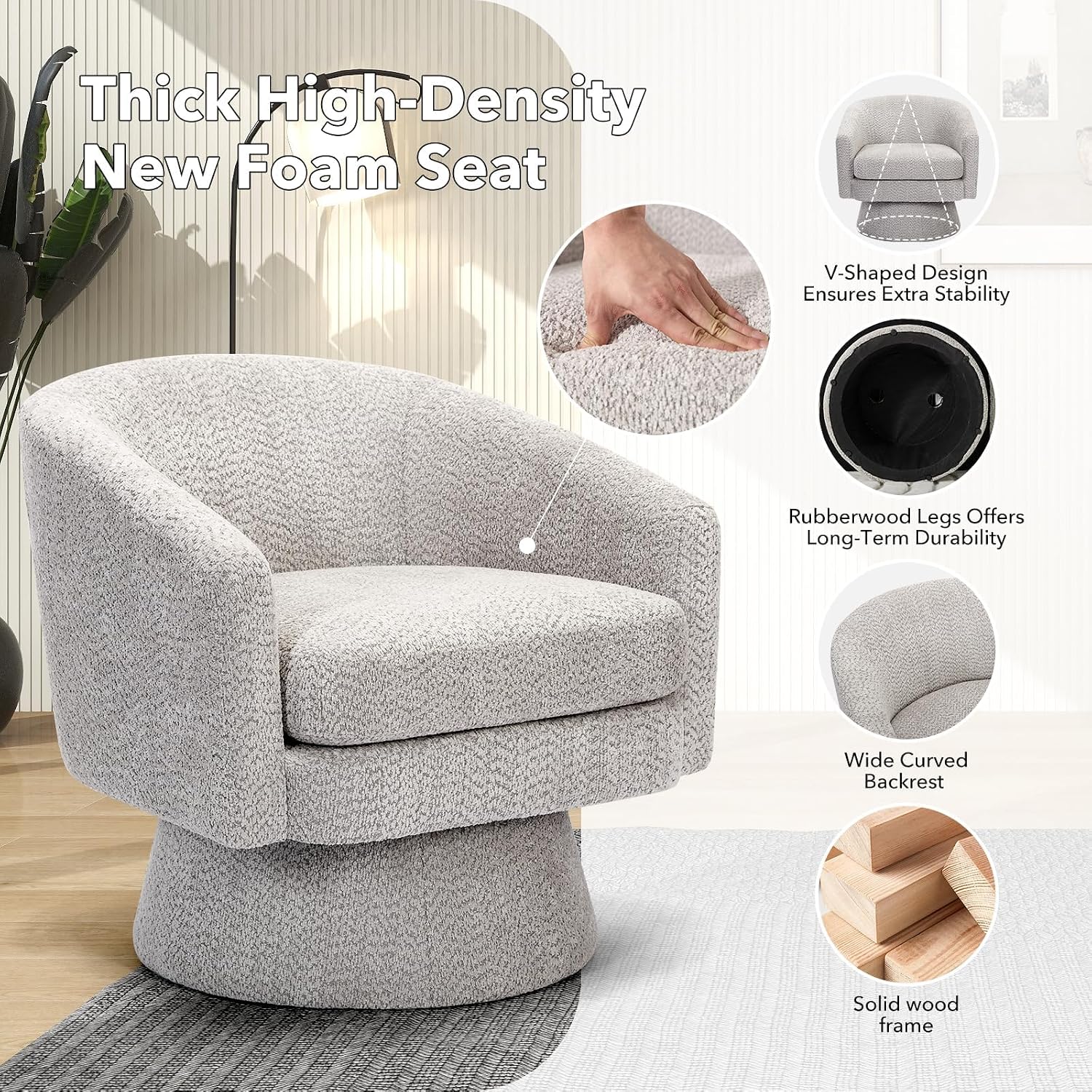360° Swivel Barrel Accent Chair, Modern Chenille Upholstered Armchair with Curved Back, Soft Cushion & Arms, Wooden Frame, Storage Pocket, Comfy Reading Lounge Chair for Living Room, Bedroom, Office