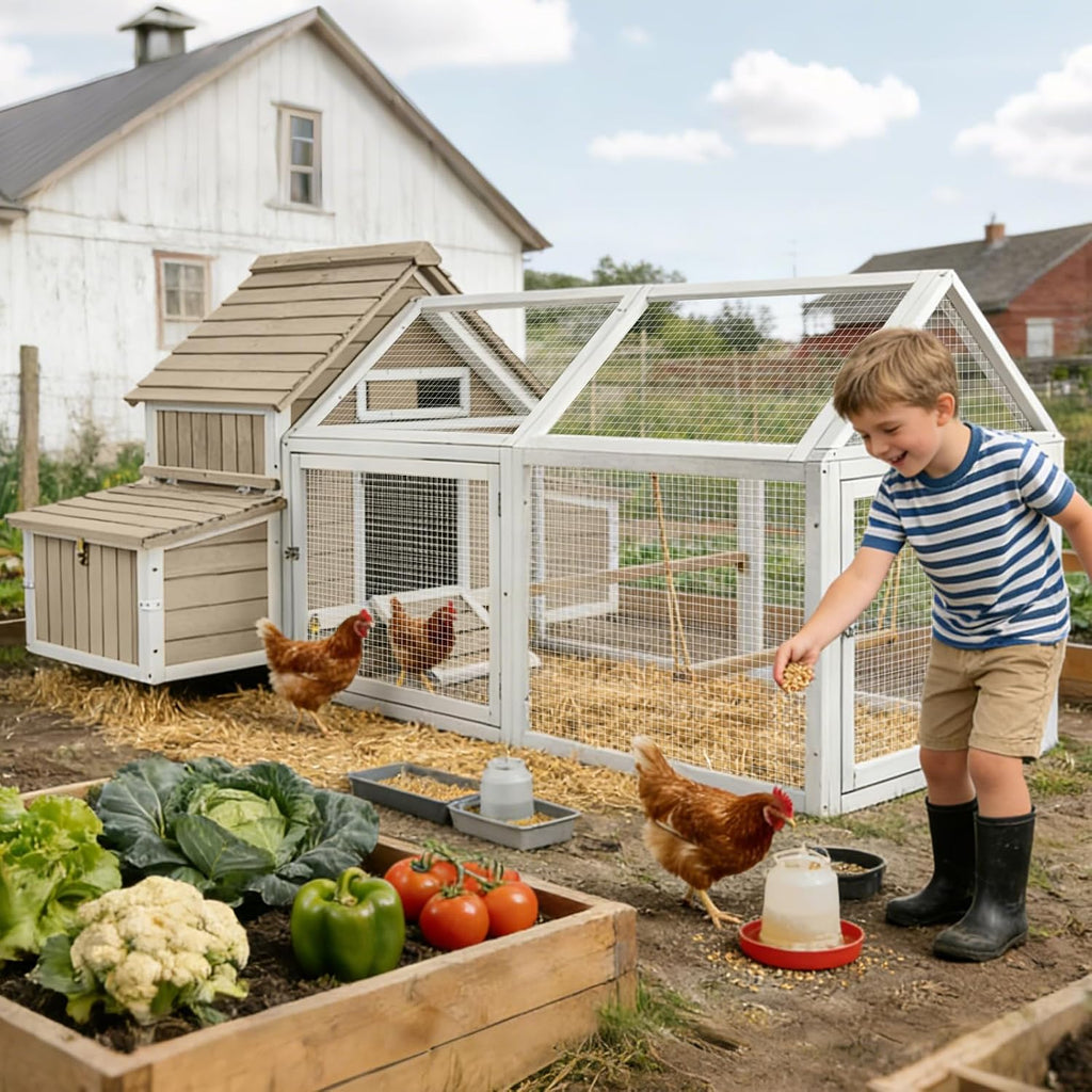 Ketive 83'L Large Chicken Coop with Run for 4–6 Chickens Wooden Backyard Hen House with Curved Roof, Peaked Run Top, 4 Reinforced Nesting Boxes, Swing Perch, Dual Ramp Doors,Slide-Out Tray,Expandable