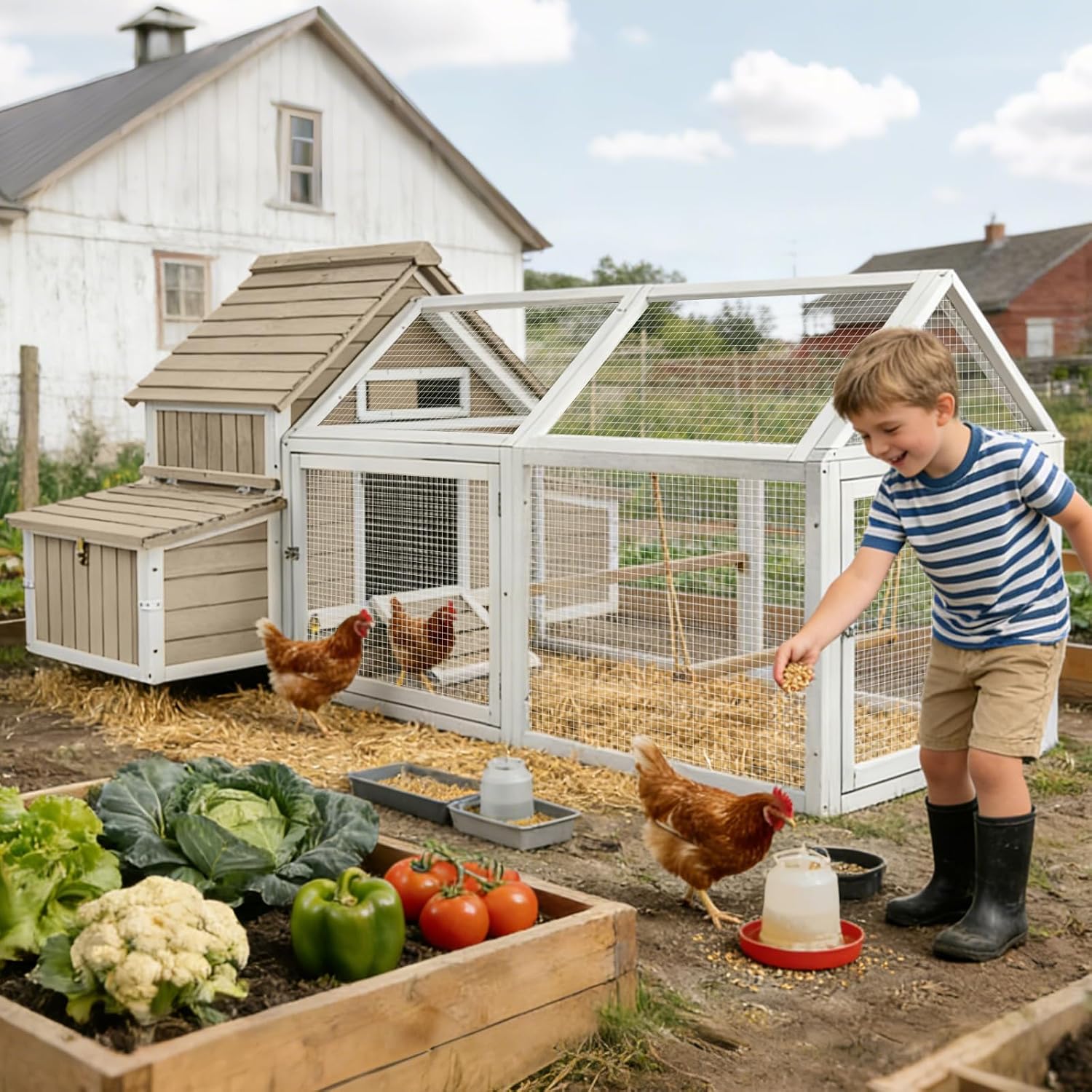 Ketive 83'L Large Chicken Coop with Run for 4–6 Chickens Wooden Backyard Hen House with Curved Roof, Peaked Run Top, 4 Reinforced Nesting Boxes, Swing Perch, Dual Ramp Doors,Slide-Out Tray,Expandable