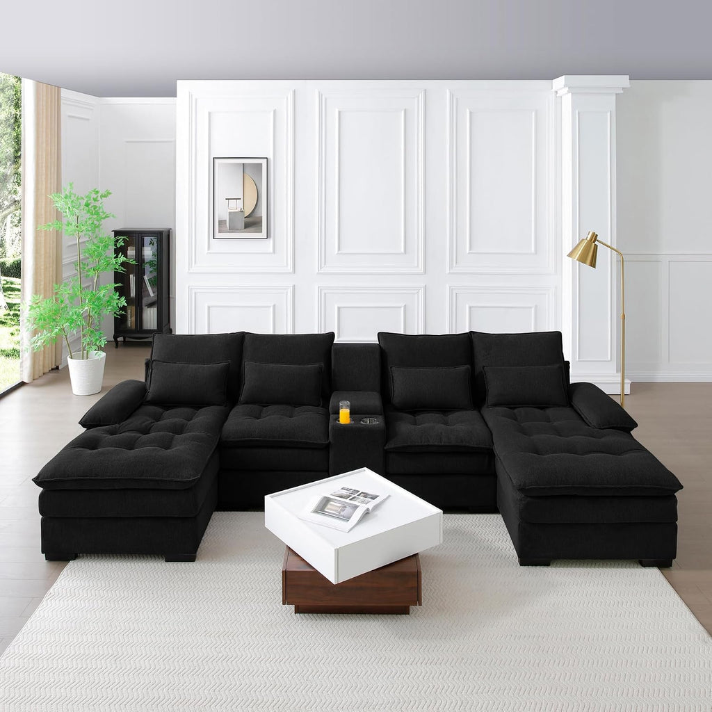 KEIKI 6 seat U-Shaped Sofa with Storage Console, Cup Holders, 130' Upholstered Sectional Sofa, Button Tufted Cloud Cushion Couch for Home, Office, Black