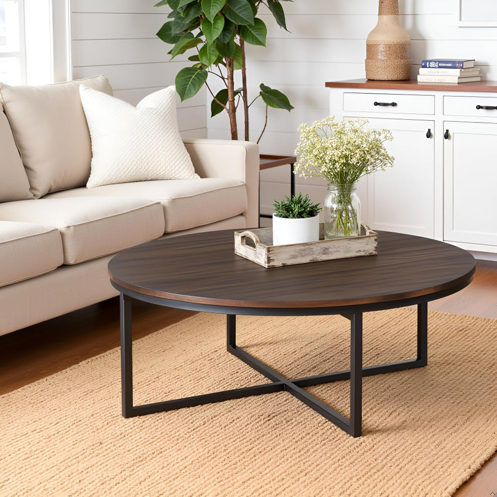 Arcadia 42-Inch Round Acacia Wood Coffee Table – Industrial Living Room Table with Antiqued Mocha Finish and Metal Sled Legs – Ideal Centerpiece for Sectionals and Sofas by Alaterre Furniture