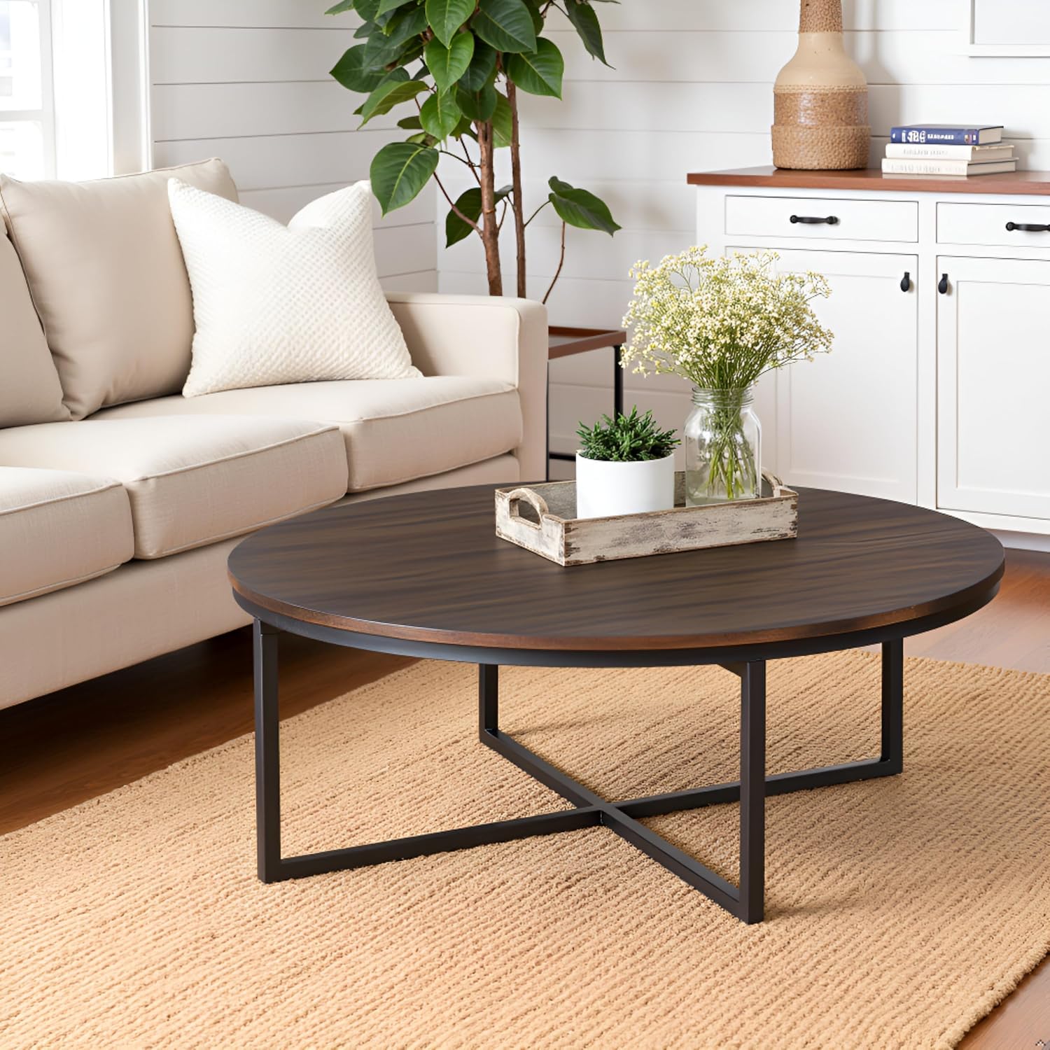 Arcadia 42-Inch Round Acacia Wood Coffee Table – Industrial Living Room Table with Antiqued Mocha Finish and Metal Sled Legs – Ideal Centerpiece for Sectionals and Sofas by Alaterre Furniture