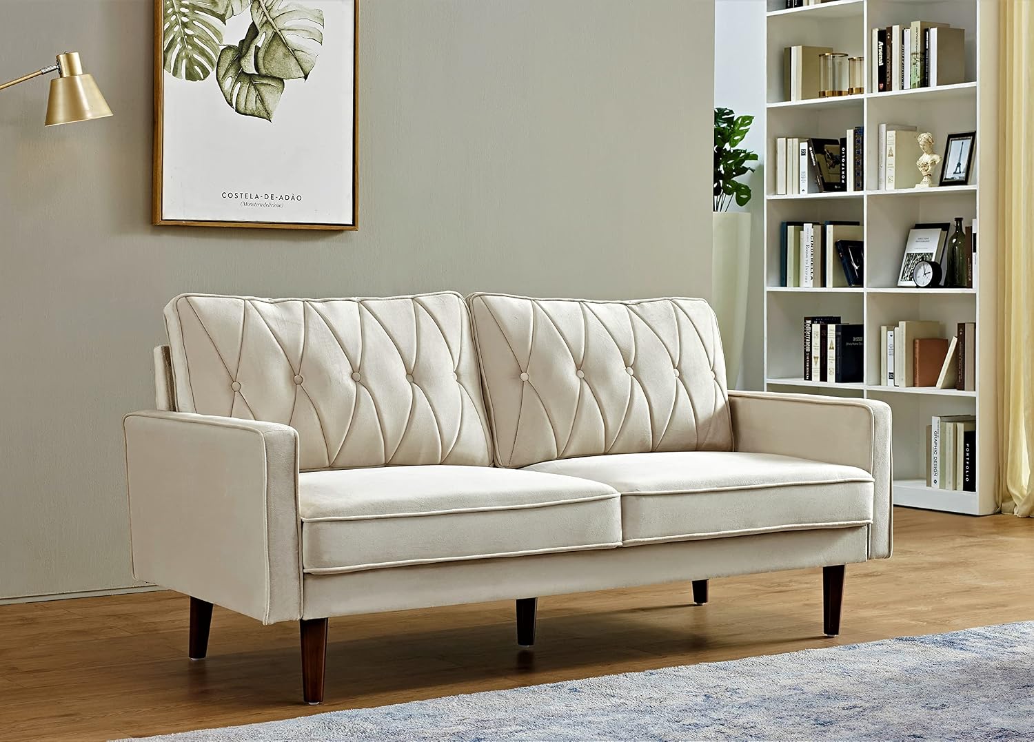 Container Furniture Modern Style Tufted Velvet Couches for Living Room with Soft Fabric Upholstery and Solid Wood Frame, 2 Piece Sofa and Loveseat Set, Ivory