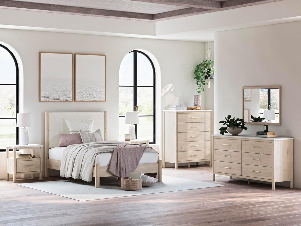 Signature Design by Ashley Cadmori Casual Bohemian Dresser with Post Legs and 6 Drawers, Replicated Marble Top, Wood, 35' High, White and Light Brown Finish