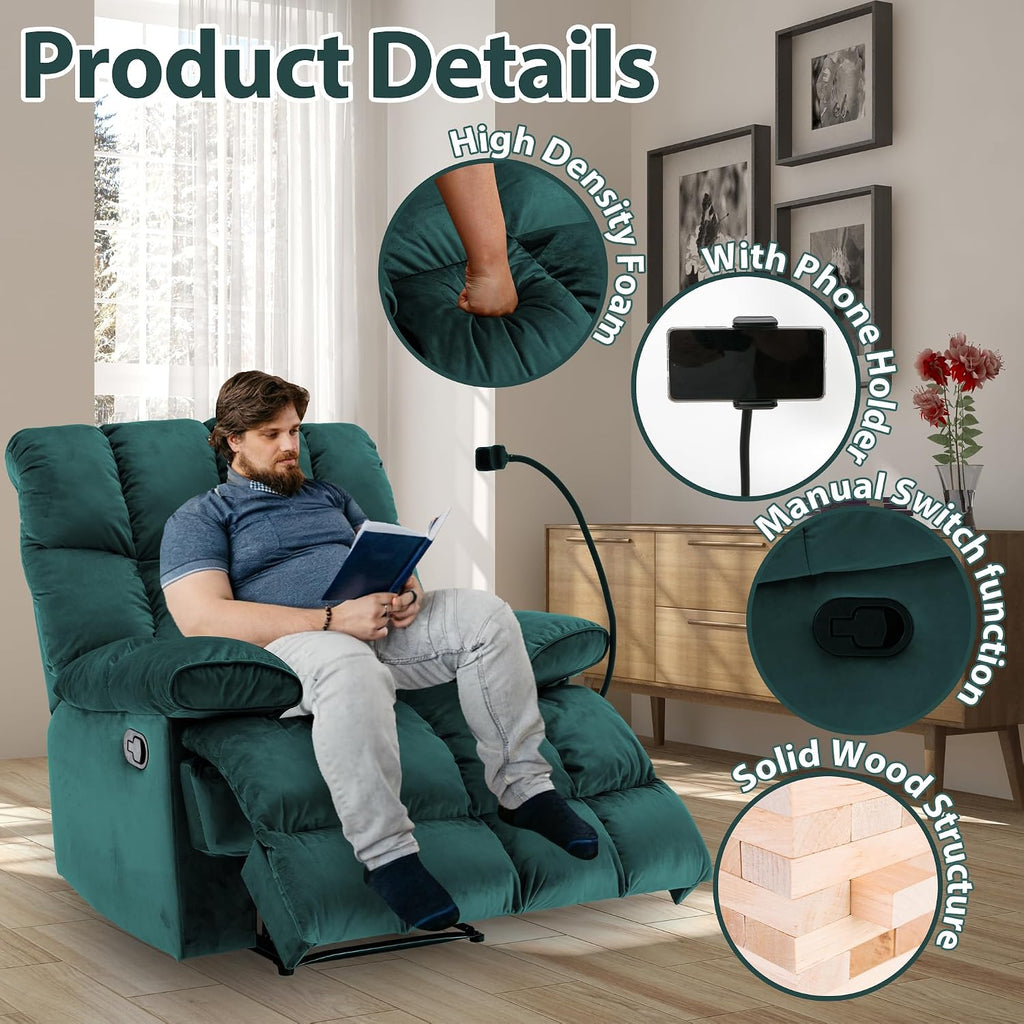 Manual Adjustable Oversized Recliner Chair with Phone Holder, Extra Large Recliner for Heavy Duty Adults 400lbs, Big Man Recliners for Living Room, Nursery, RV