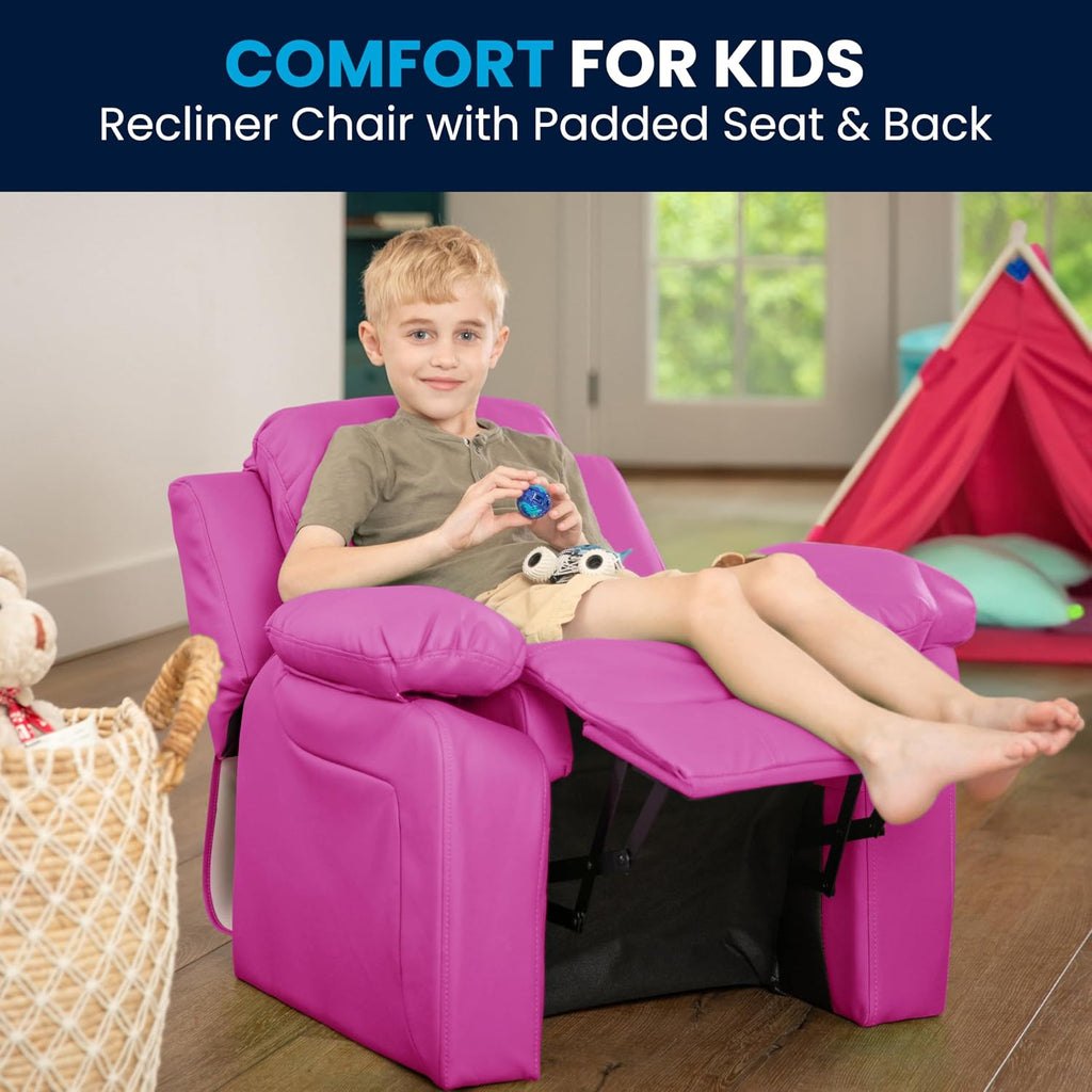 Flash Furniture Charlie Vinyl Kids Recliner with Flip-Up Storage Arms and Safety Recline, Contemporary Reclining Chair for Kids, Supports up to 90 lbs., Hot Pink