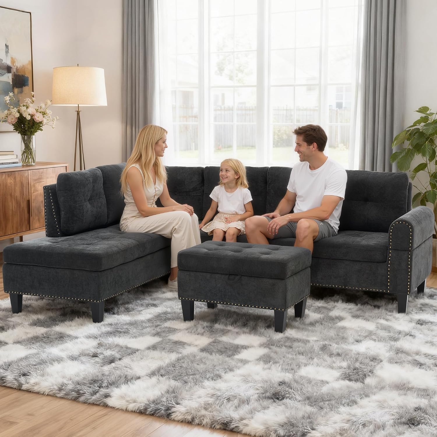 L Shaped Couches for Living Room, Sectional Couch Living Room Furniture with Storage Ottoman, Modular Sectional Sofa with Movable Chaise for Apartment Office, Black Grey