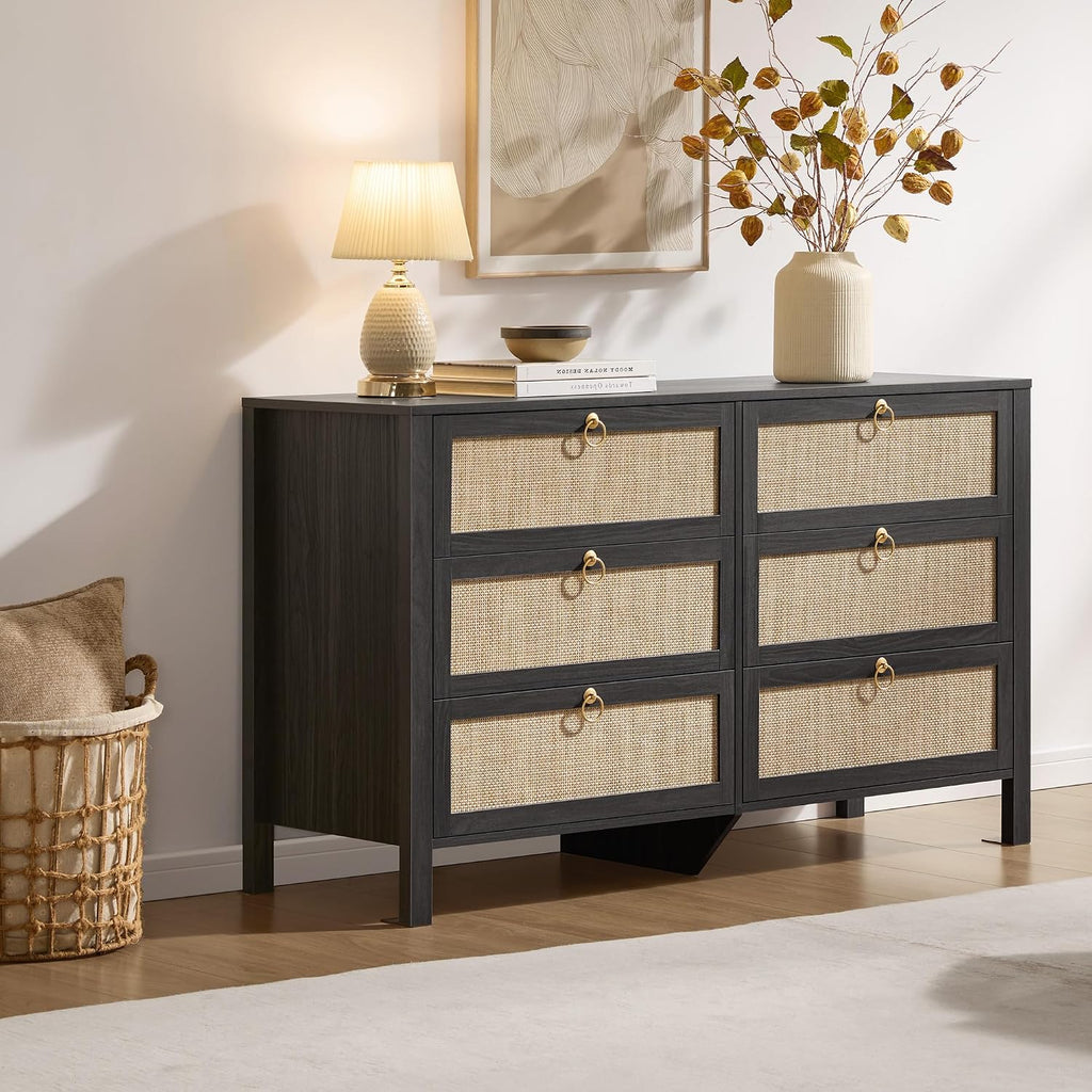 SICOTAS 6 Drawer Dresser for Bedroom - 51' Wide Rattan Dressers Chest of Drawers for Closet, Larger Storage Cabinet Farmhouse Boho Dresser TV Stand for Living Dining Room, Hallway, Black