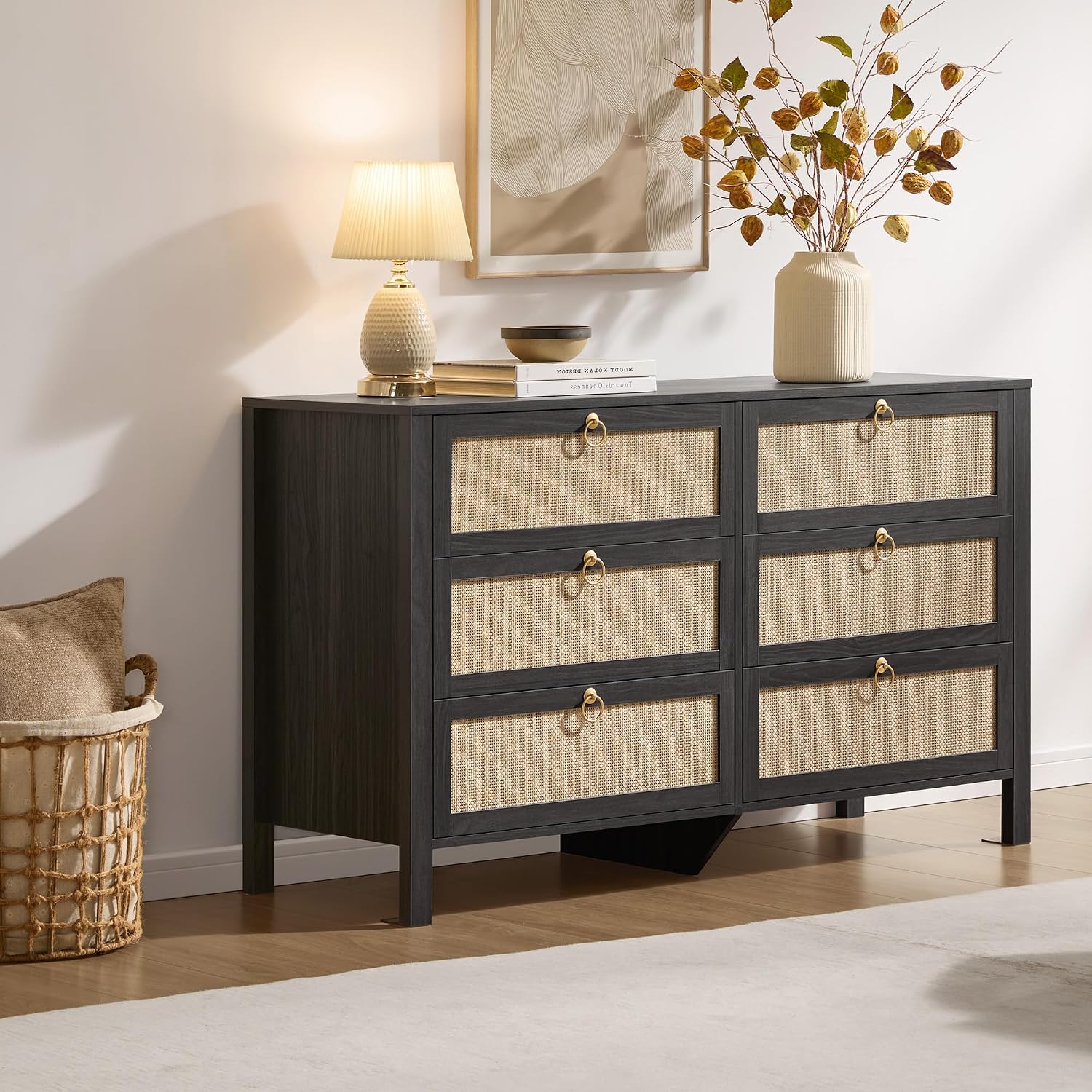 SICOTAS 6 Drawer Dresser for Bedroom - 51' Wide Rattan Dressers Chest of Drawers for Closet, Larger Storage Cabinet Farmhouse Boho Dresser TV Stand for Living Dining Room, Hallway, Black