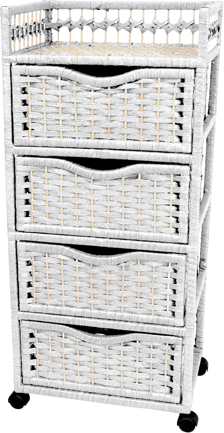 Oriental Furniture 38' Natural Fiber Chest of Drawers on Wheels - White, 4 Drawer
