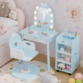 Ice Blue Kids Vanity Set with Light and Barber Chair, Makeup Dressing Vanity Table with Storage Shelf and Hair Salon Play Set 7 pcs Accessories, Pretend Play Vanity Set for Toddler Girls