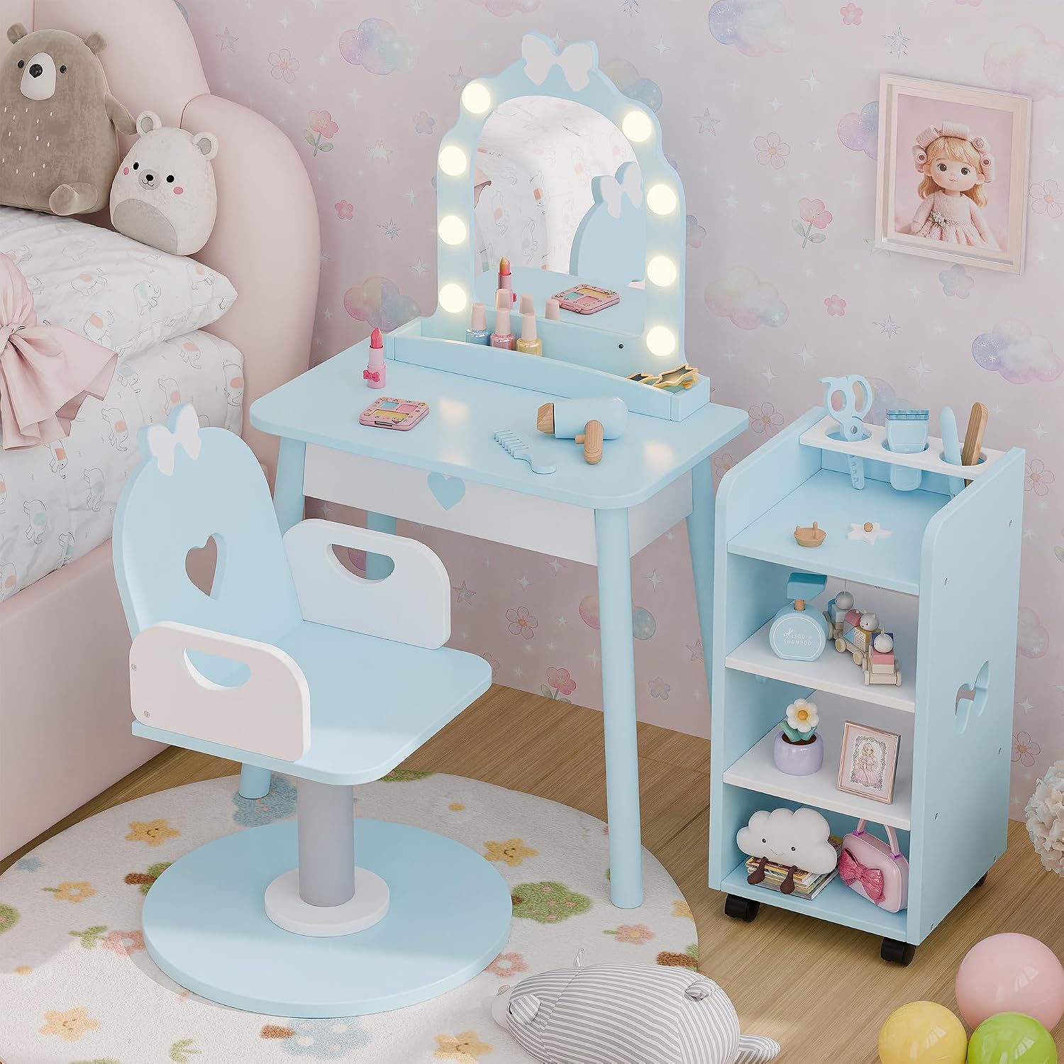 Ice Blue Kids Vanity Set with Light and Barber Chair, Makeup Dressing Vanity Table with Storage Shelf and Hair Salon Play Set 7 pcs Accessories, Pretend Play Vanity Set for Toddler Girls