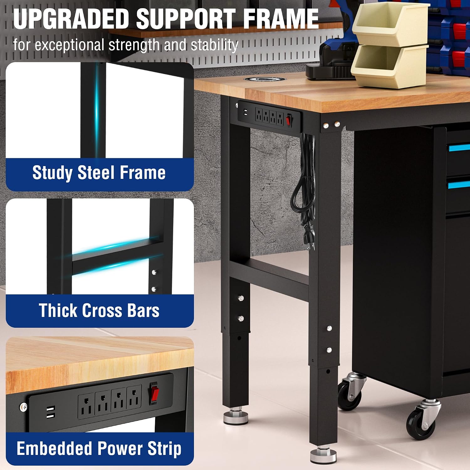 WORKPRO Adjustable Garage Workbench, 60x24 Rubber Wood Top Heavy-Duty Work Desk with Power Outlets, Leveling Foot, 5 Heights, 1500 LBS Load Capacity Work Benches for Garage, Workshop