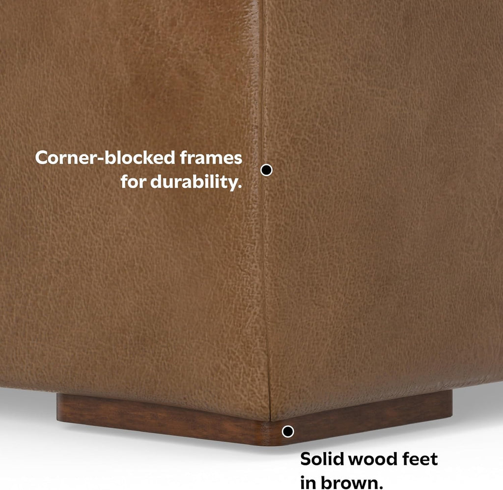 SIMPLIHOME Rex Ottoman - 34 inch Wide Upholstered Genuine Leather Square Ottoman in Caramel Brown, Modern Bench for Living Room or Bedroom with High-Density Cushion, Assembled