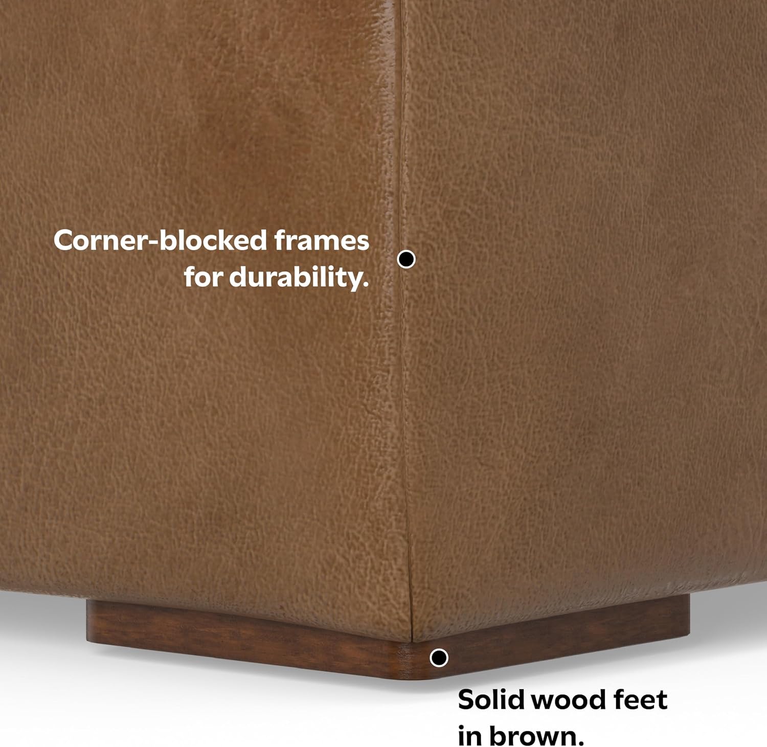 SIMPLIHOME Rex Ottoman - 34 inch Wide Upholstered Genuine Leather Square Ottoman in Caramel Brown, Modern Bench for Living Room or Bedroom with High-Density Cushion, Assembled