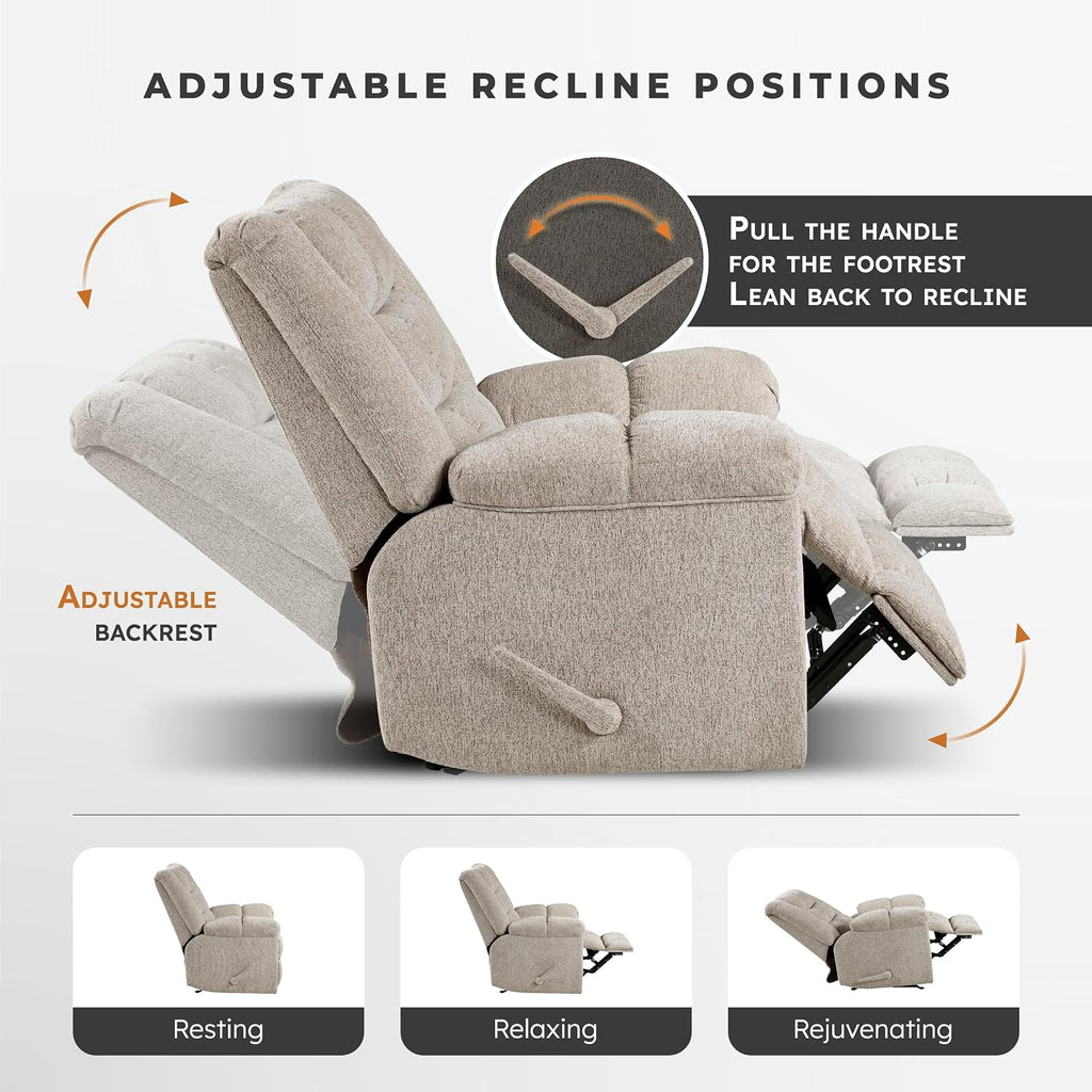 Lexicon Chenille Rocker Reclining Chair for Adults, Rocker Pull Handle Recliner, Nursery Chair for Living Room/Bedroom, High Back, Pillow Top Arms, High Density Foam Cushions, Light Brown