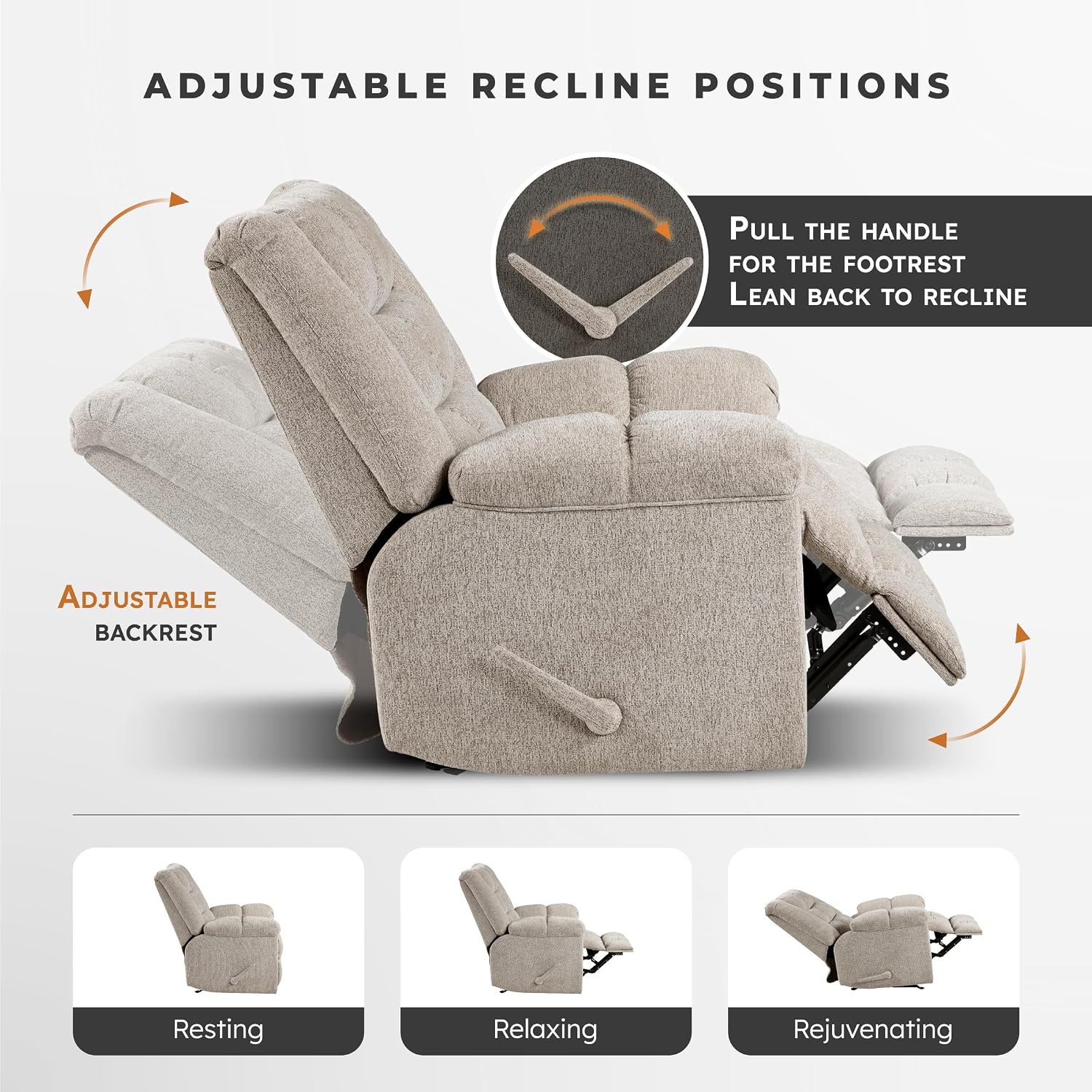 Lexicon Chenille Rocker Reclining Chair for Adults, Rocker Pull Handle Recliner, Nursery Chair for Living Room/Bedroom, High Back, Pillow Top Arms, High Density Foam Cushions, Light Brown
