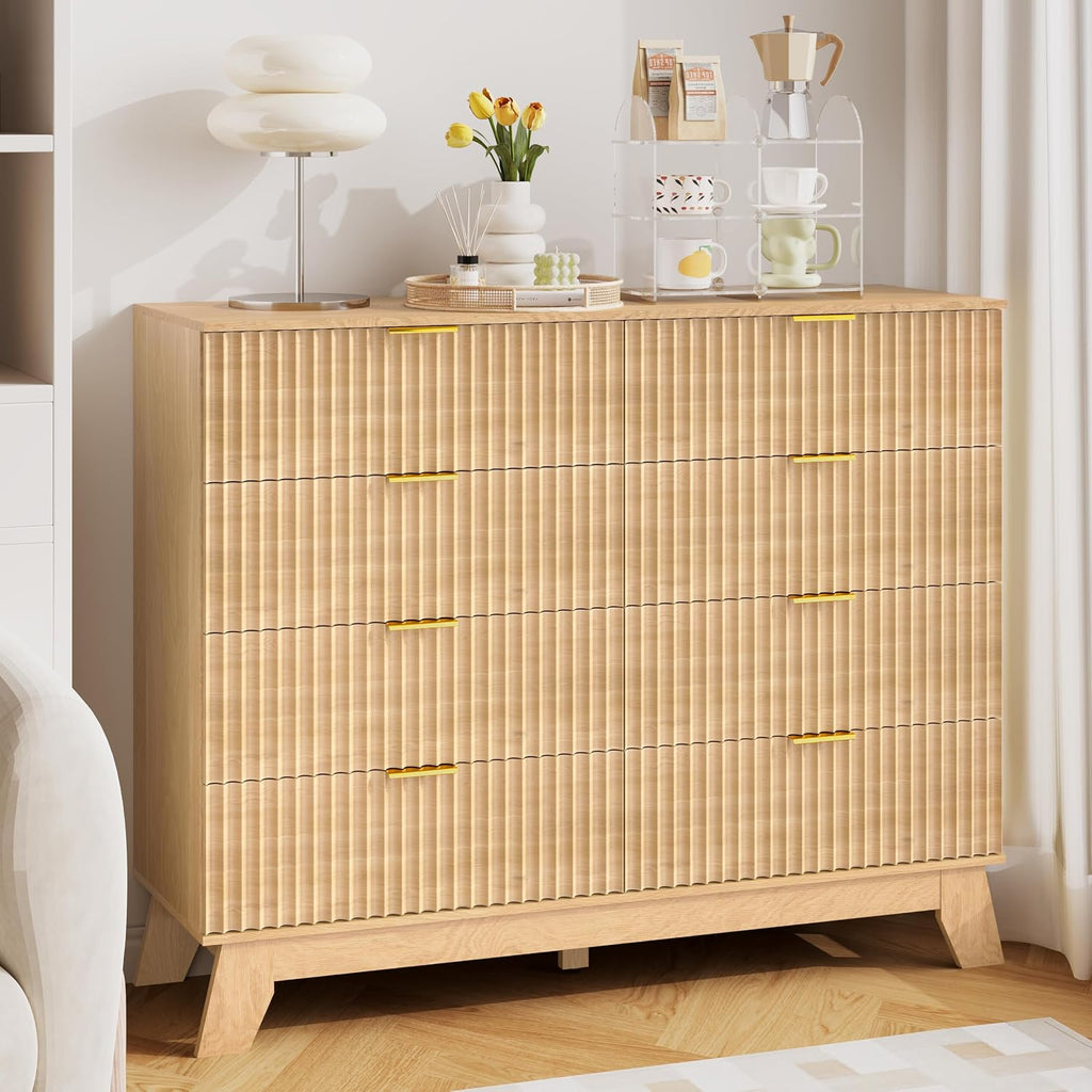 Fluted Dresser for Bedroom, 8 Drawer Dressers & Chest of Drawers, Mid Century Modern Dresser for Closet Boho Bedroom Furniture, Nature Wood Chest of Drawers Storage Organizer for Living Room, White