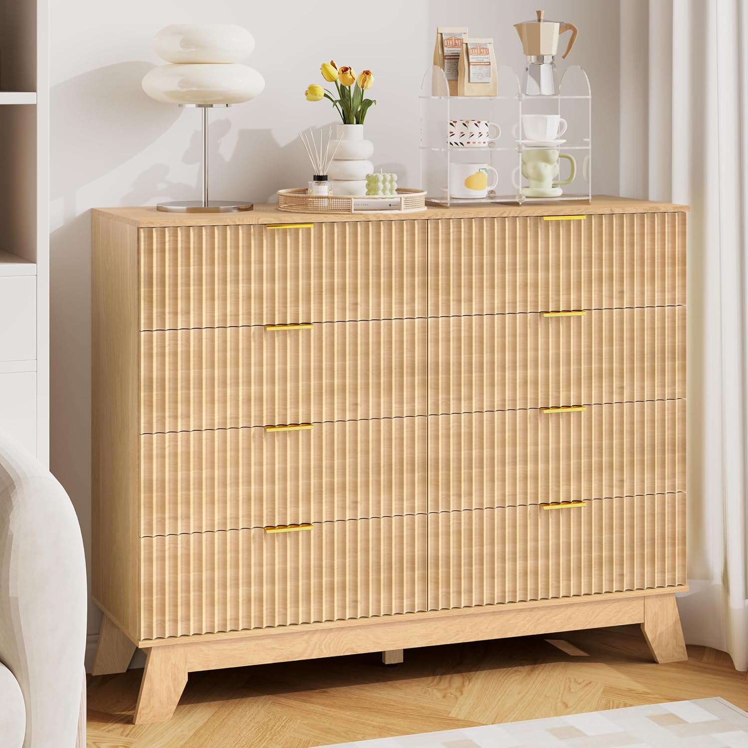 Fluted Dresser for Bedroom, 8 Drawer Dressers & Chest of Drawers, Mid Century Modern Dresser for Closet Boho Bedroom Furniture, Nature Wood Chest of Drawers Storage Organizer for Living Room, White