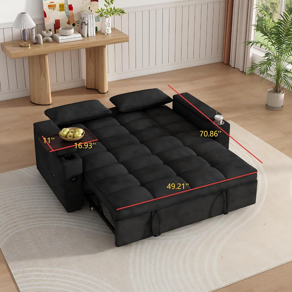 KEIKI 65' Sleeper Sofa Bed, 3-in-1 Pull Out Couch with Adjustable Backrest, 90° Rotating Side Table, USB & Type-C Charging Ports, Hidden Storage Armrests, Space Saving Sofa for Apartment Guests