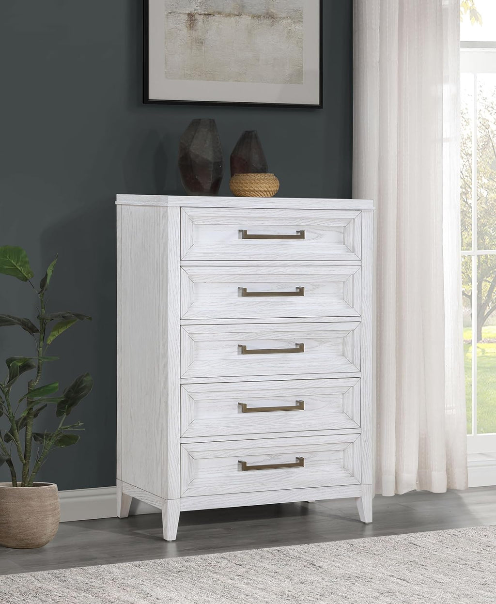Coaster Home Furnishings - Marielle - Wood - 5-Drawer Chest with Antique Brass-Toned Bar Pulls and Tapered Legs - Transitional - Bedroom - Distressed White - 224845
