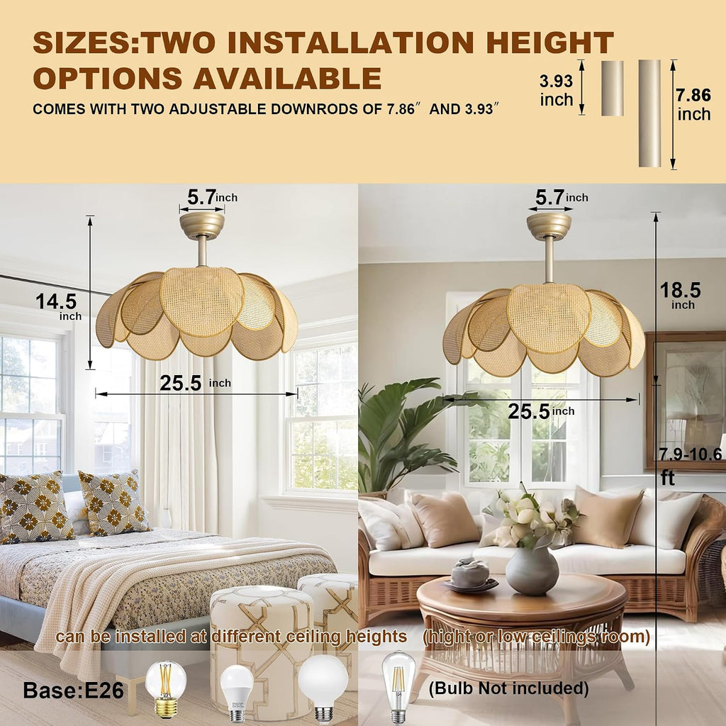 Rattan fandelier Ceiling Fans with Lights, Fandelier Chandelier Ceiling Fan and Remote,Boho,Flush Mount,Low Profile,for Bedroom,Living Room,(25.5 Inch,6 Speed