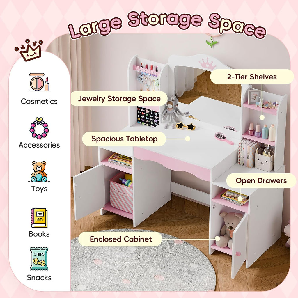 Kids Vanity, Girl Vanity Set with Storage Cabinet & Open Shelf, 2 in 1 Kids Vanity Table and Chair Set with Jewelry Storage, Princess Toddler Makeup Vanity with Mirror for Little Girls (White)