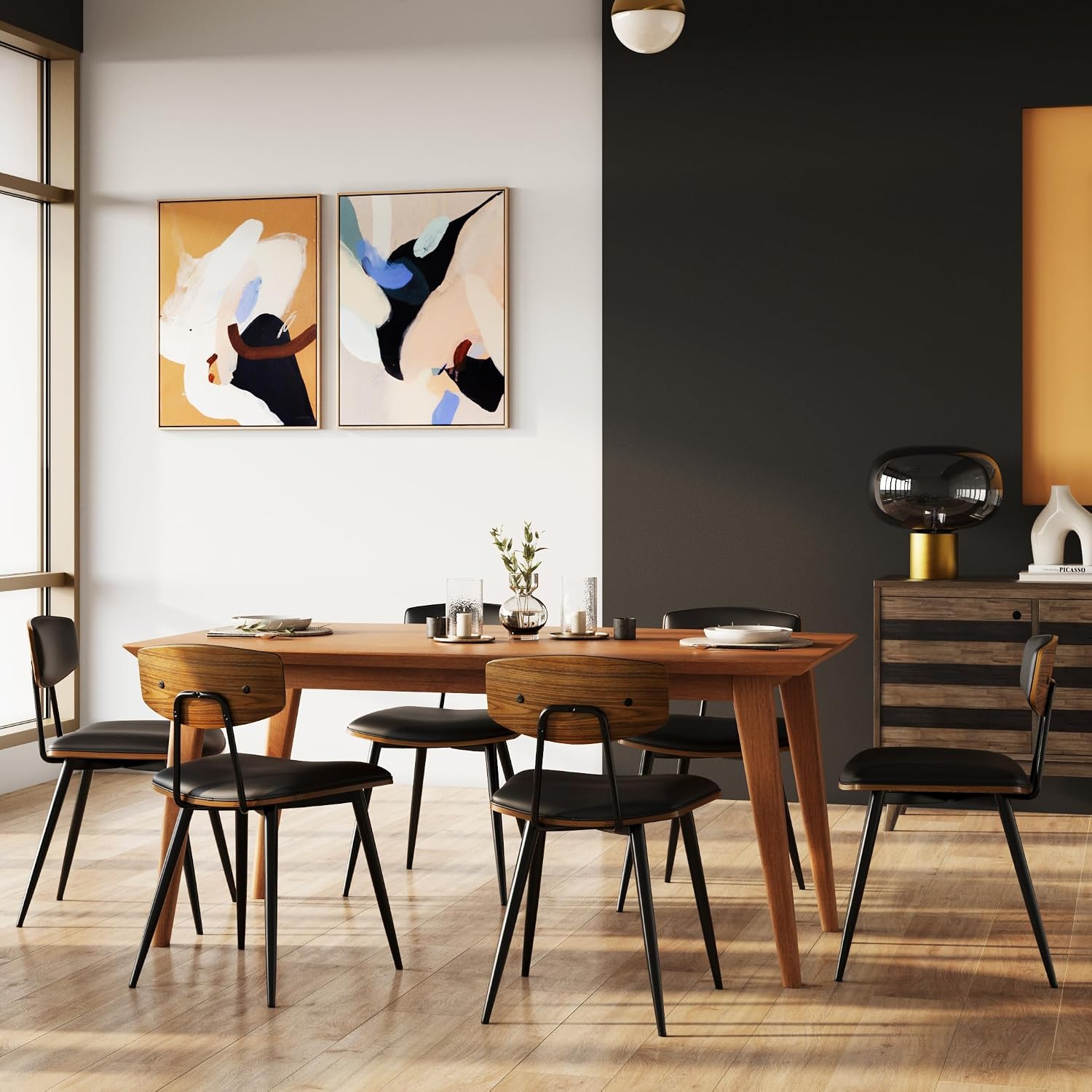 SIMPLIHOME Mavis Dining Chairs - Mid-Century Modern Iron Frame and Vegan Faux Leather Kitchen Chair Set in Black, Dining Room Seating with Curved Wood Veneer Backrest and Padded Seat (Set of 2)