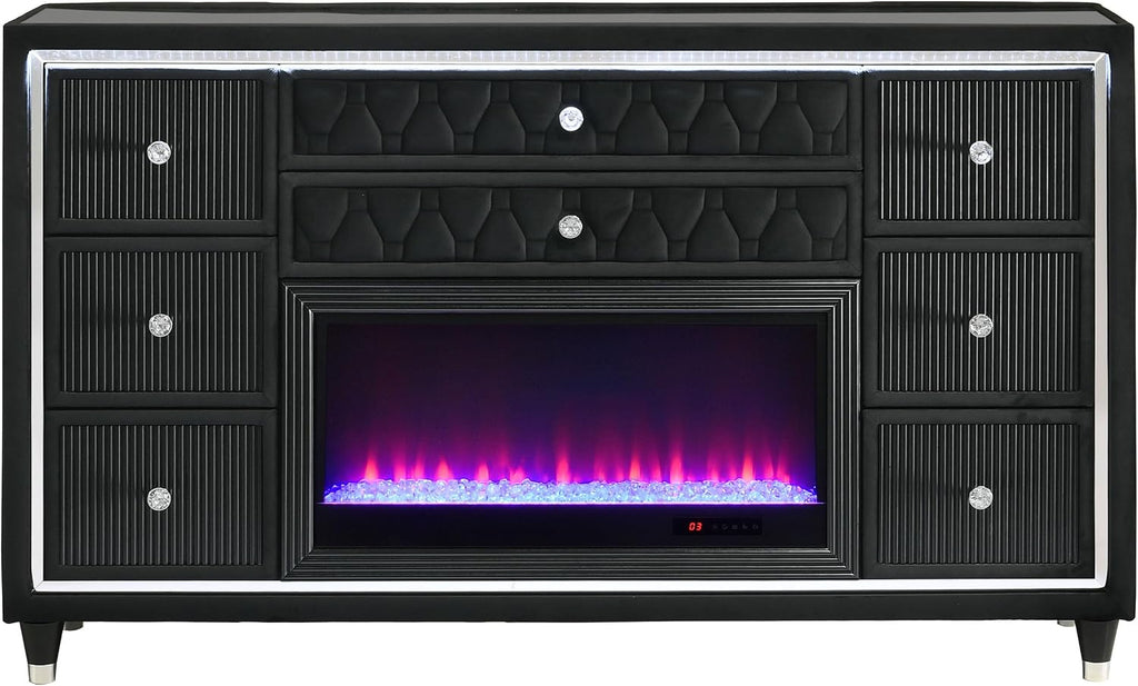 Coaster Home Furnishings - Lorient - Wood and Velvet - 8-Drawer Dresser with Flame Box, LED Lighting, Crystal Knobs and Traditional Style - Bedroom - Black - 223163FB