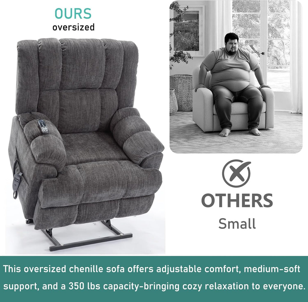 Power Lift Recliner Chair for Elderly, Oversized Chenille Electric Recliners Chairs for Living Room, Dual Motor 180° Lay Flat Recliner Big Sofa with Massage and Heating, Heavy-Duty, Grey