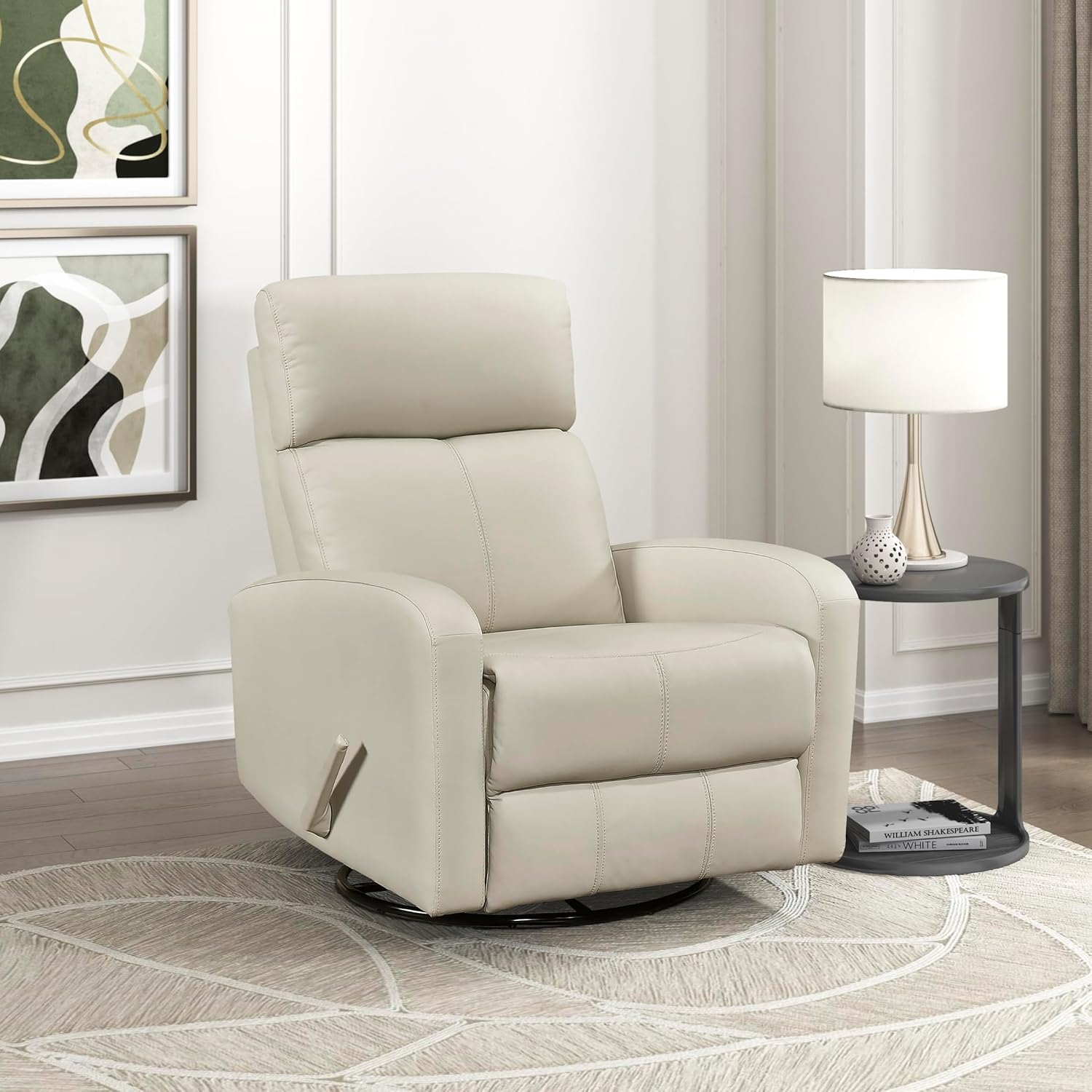 Lexicon Swivel Glider Reclining Chair, Top Grain Leather Match Manual Pull Handle Recliner, Comfy Nursery Glider Recliner, Swivel Reclining Chair for Living Room/Office/Bedroom/Apartment, Beige