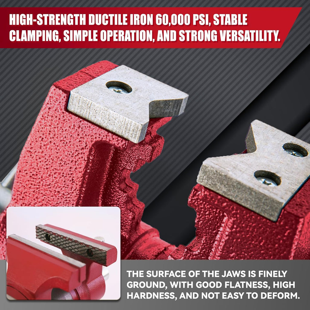 Upgraded UPG 5-Inch Terminal Location Bench Vise with Ductile Iron Bench Vise 360° Multi-Purpose Bench Vice with Anvil and Positioning Pins, Clamp force 8800lbs, Red Swivel Vise