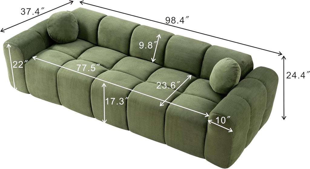 98.4-Inch Oversized Boneless Cloud Couches Deep Seat Foam Sofa Couch with 2 Round Toss Pillows, Luxury Corduroy Upholstered 3 Seat Tufted Loveseat, Cloud Sofa in a Box