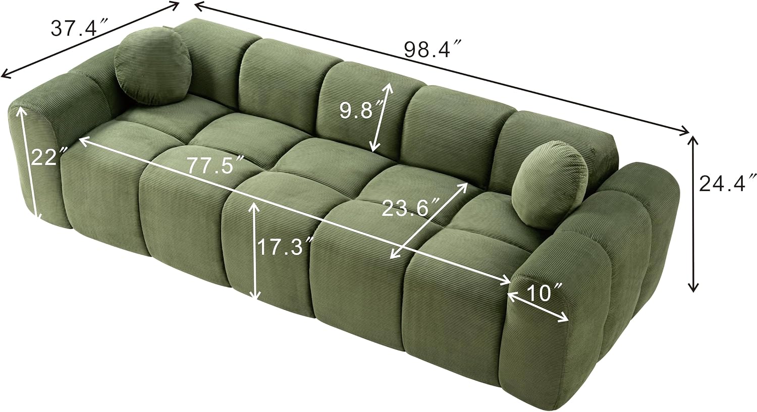 98.4-Inch Oversized Boneless Cloud Couches Deep Seat Foam Sofa Couch with 2 Round Toss Pillows, Luxury Corduroy Upholstered 3 Seat Tufted Loveseat, Cloud Sofa in a Box