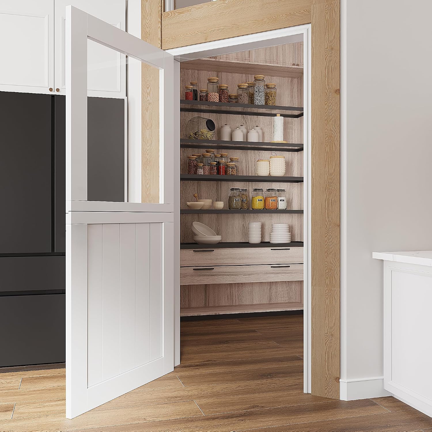 36'x 80' Pantry Door, Pre-Assembled Dutch Door Slab, French Interior White Solid Wood Core with Clear Glass Panel, 4 Hinges & Latch Included, Pocket Barn Doors for Living Room, Closet & Back Porch