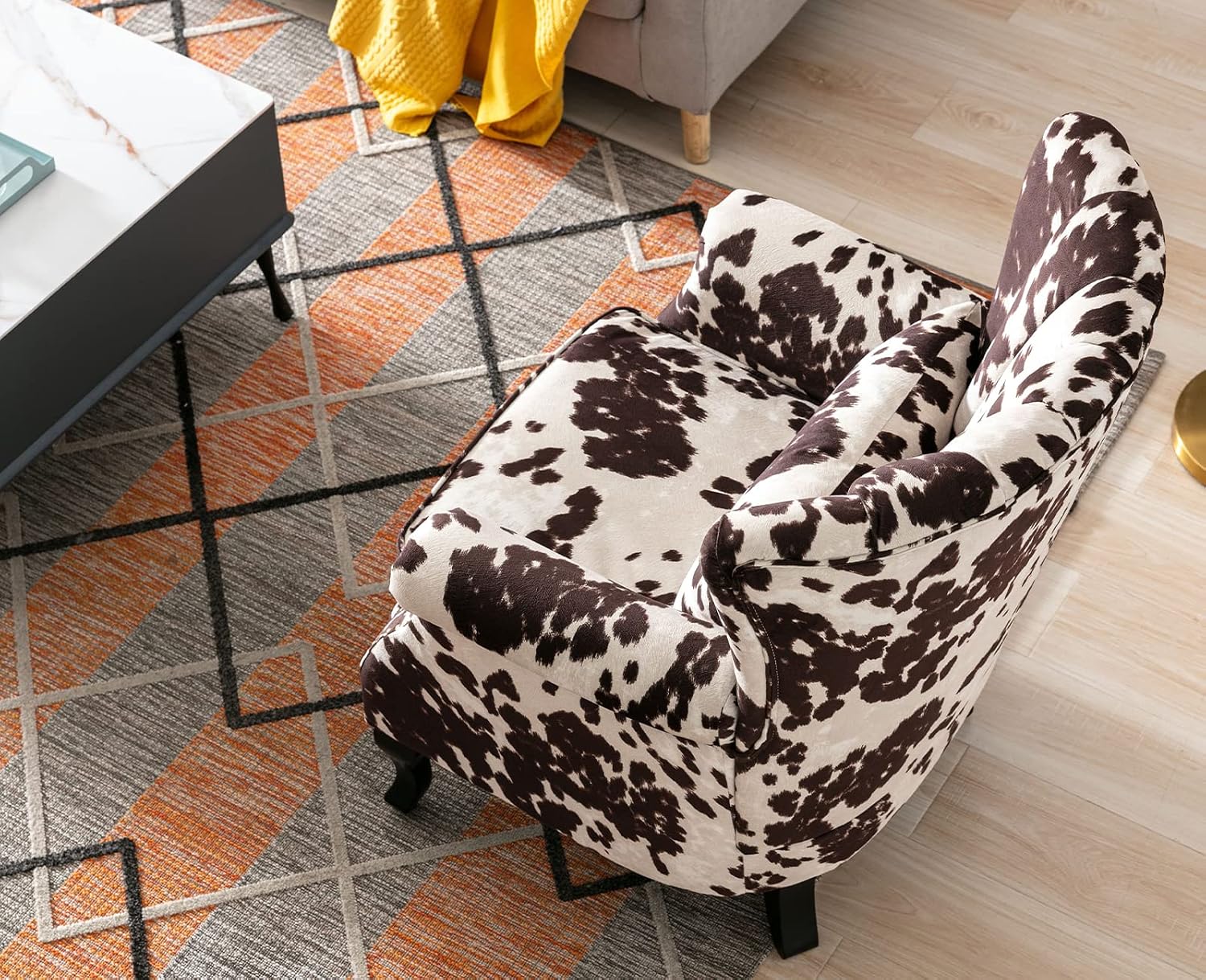 Kmax Cow Print Accent Chair Velvet Wingback Chair with Pillow Nail-Head Channel Tufted Oversized Club Chair for Living Room Bedroom Guest Room