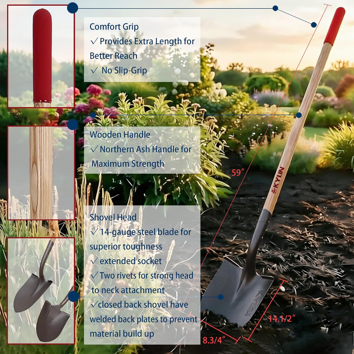 KYLIN 6-Piece Pro Long Ash Handle Garden Tools Set for Landscaping Agricture or Backyard,14-Gauge Shovels,Forged Rakes,Forged Weeding Hoe Sidewalk Scraper,