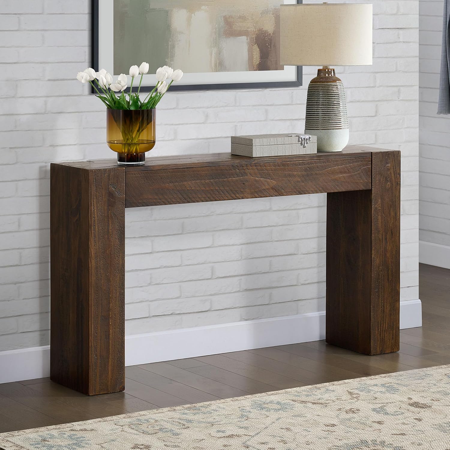 Alaterre Furniture Stockyard Solid Wood Console Table - 56 Inch Modern Farmhouse Entryway Table - Easy Assembly Living Room Furniture for Behind The Couch, Entryway, or Hallway (Brown)